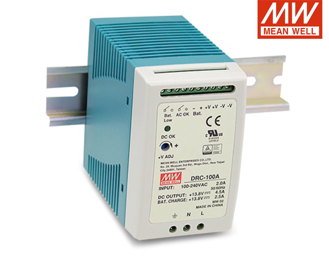 03.036.0178 ΤΡΟΦΟΔΟΤΙΚΟ ΡΑΓΑΣ 96.6W/13.8VDC/4.5A ΜΕ ΦΟΡΤΙΣΤΗ ΜΠΑΤΑΡΙΑΣ (UPS) DRC-100A MEAN WELL - Image 1